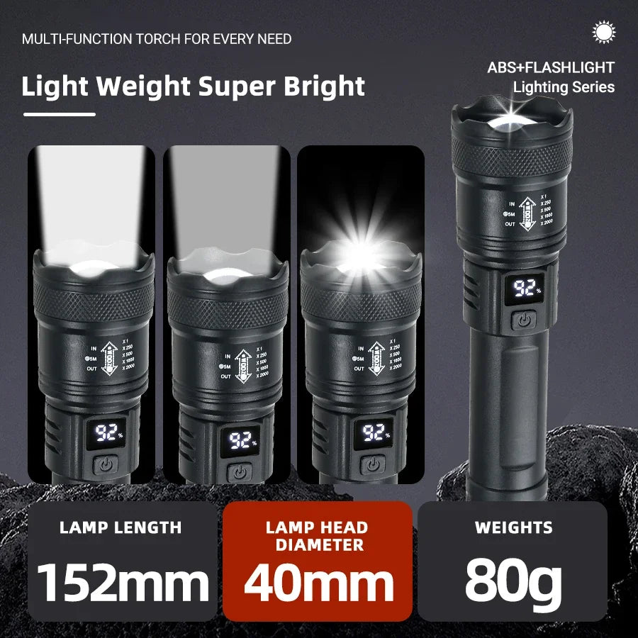 2000LM Tactical LED Flashlight - USB Rechargeable Emergency Torch