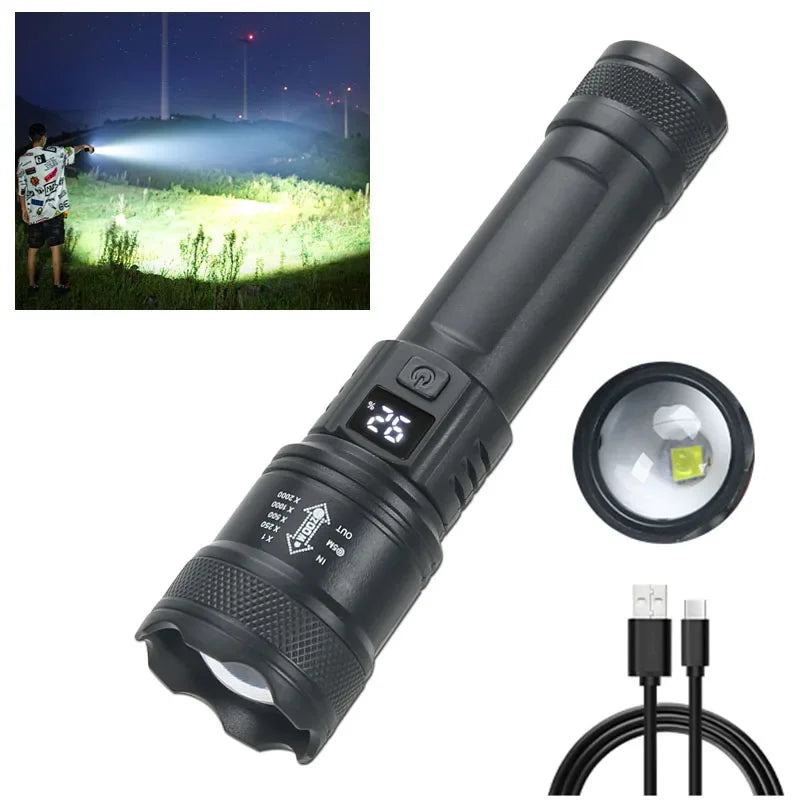2000LM Tactical LED Flashlight - USB Rechargeable Emergency Torch